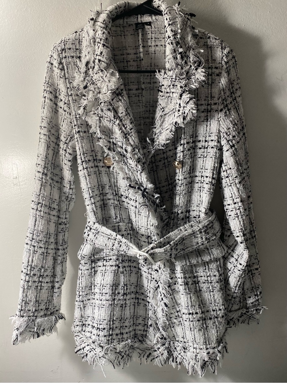 SHEIN Black & White Frayed Tweed Belted Blazer
